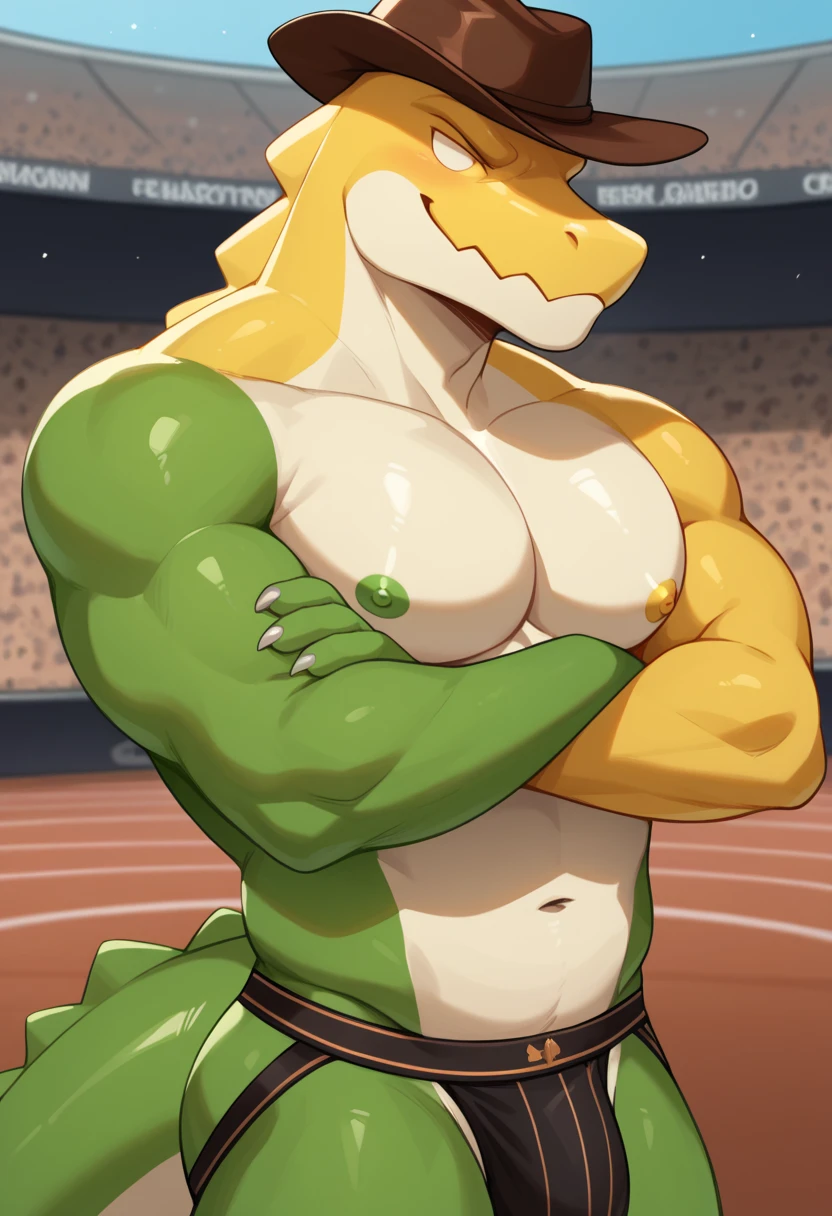 , by bontiage a muscular shirtless anthropomorphic lizard with body hair wearing sexy clothing, stripping at a strip club at night, doing a sexy dance