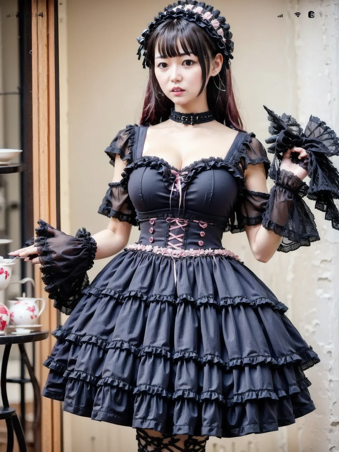 sexy stylish female model, only 1 female, ((doll-like appearance)), ((ultra detailed Platform boots)), beautiful smile, ultra detailed eyes, vivid eye makeup, lipgloss, long lashes, defined eyebrows, ((sexy Gothic Lolita cosplay)), bell-shaped skirt, petticoats, high neckline, puffed sleeves, ((ultra detailed lace)), ((ultra detailed embroidery)), intricate details, Gothic Lolita accessoires and matching headpiece, Gothic Lolita choker, ((large sparkling Gothic Lolita jewelry)), cinematic light, detailed large park background with trees 