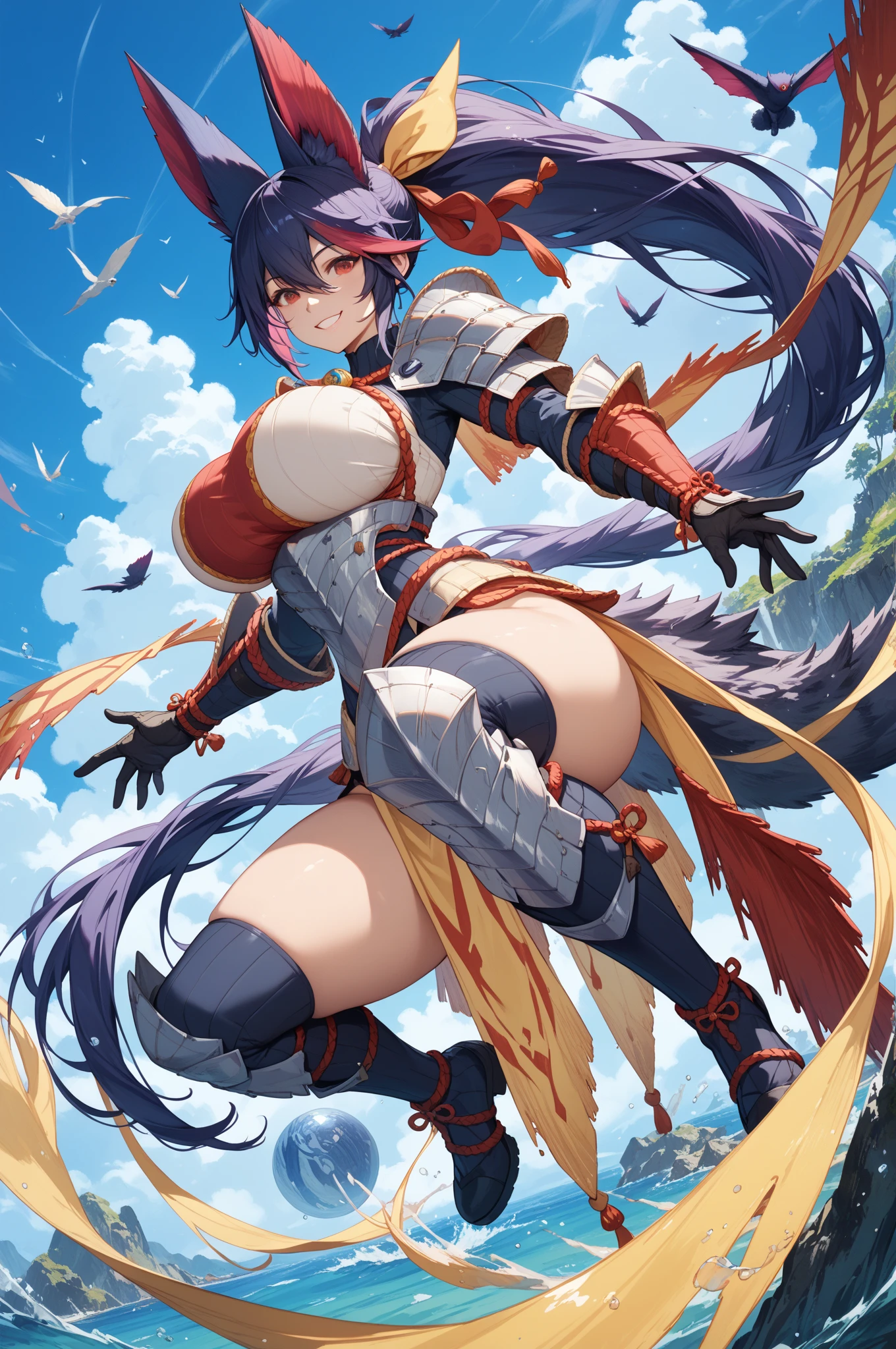 {{upper body, dutch angle}} {{Artist: toraishi_666}} 1girl, mature female, visible muscle, short blue hair with braid, burning eyes, , moderate hips, burn scars, grey metal armored tube top, feather sleeves, baggy red dancer pants, outdoors, gloomy fantasy forest, standing, unpleasant look, 1 red sword on hip, 1 blue sword on hip. hands on hips, pov.