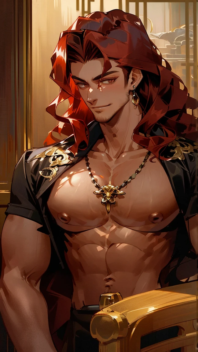 (Masterpiece)), ((Best Quality)), serious and evil face, anime, dark and gothic medieval castle background, 1 chico, focus alone, orange hair and imperial blue eyes, long hair, orange eyebrows , creepy smile, lust, medieval clothes, crown, king, bulky, sitting on throne, attractive, handsome, perfect anatomy, perfect face, Perfect eyes, perfect hands, covered legs, [Delgado:masculine:0.6], atmospheric perspective, accurate figure drawing, depth of field, eyes not crossed, dark and pale tones, pale filter and muted colors