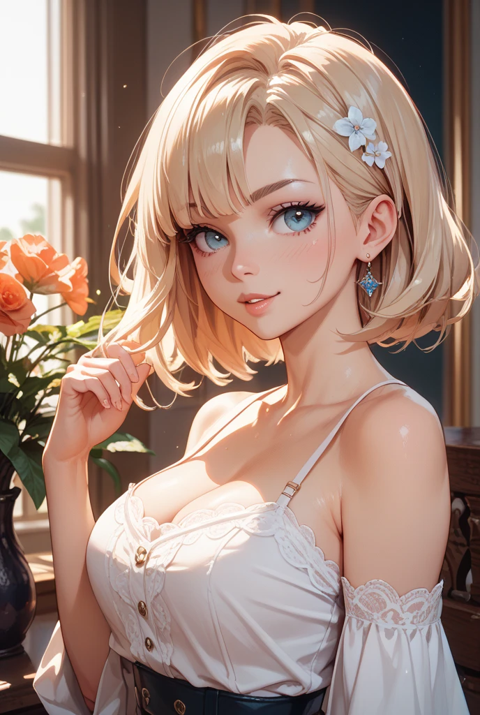 Highest Quality, masterpiece, beautifully detailed eyes, (dark skin), short Blonde Hair, Gradient Hair, pink highlights in hair, large breasts, standing, makeup, glossy lips, full lips, garden, light smile, blush, sleeveless dress, collarbone, necklace, high heels, tiered skirt, layered skirt