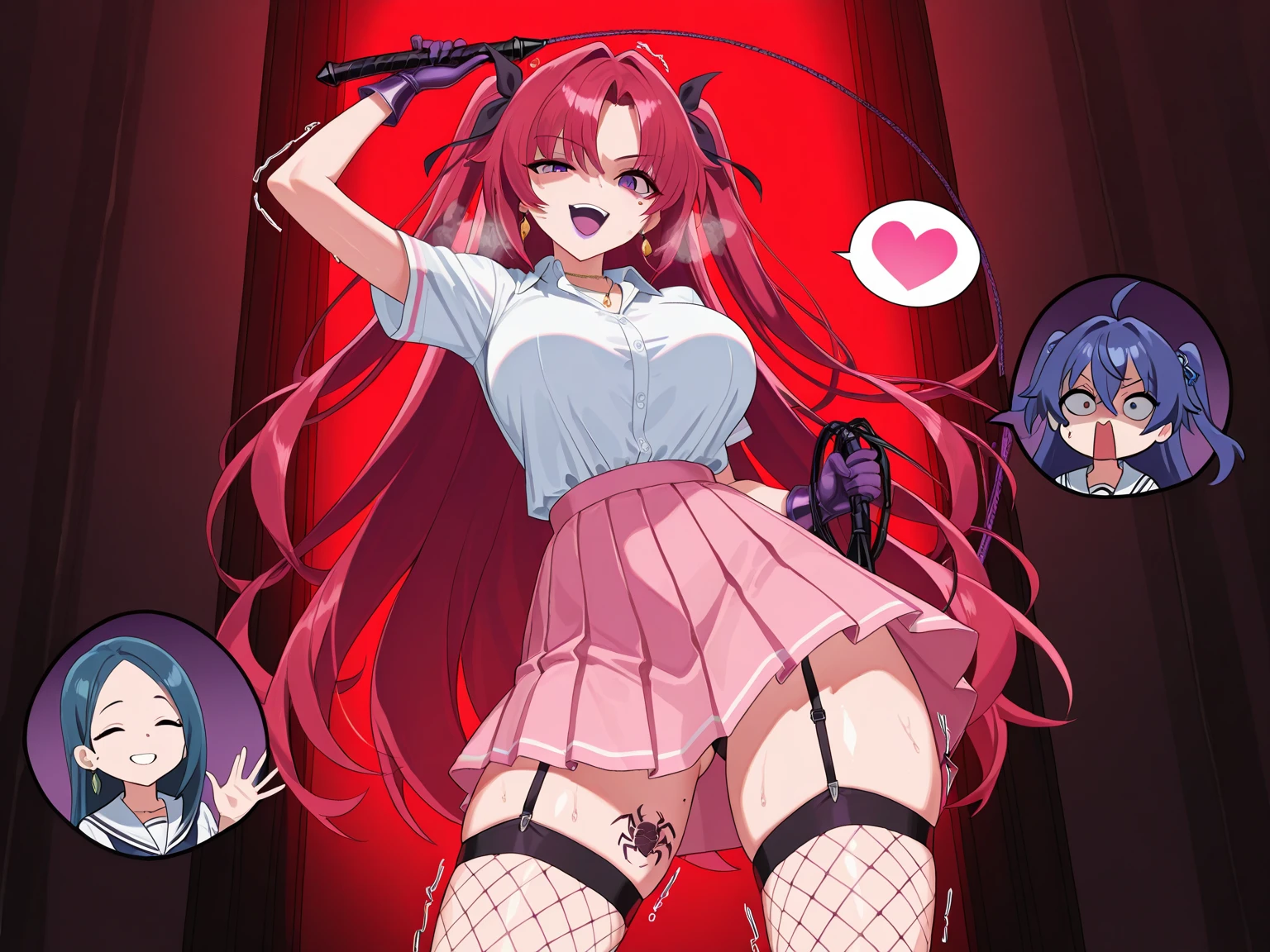 (((Highest quality)), ((masterpiece)), (detailed), prison, One person, akanechan, ((((from below:1.3)))), femdom, dominatrix, ((looking at viewer)), ((bare shoulders)), ((black bustier)), ((black stockings)), ((black g-string)), ((black high heels)), ((black garter belt)), ((black elbow gloves)), female squatting, ((evil grin)), open legs, pee, peeing, pissing, stare at viewer with stern eyes, ((((looking down:1.4)))),
