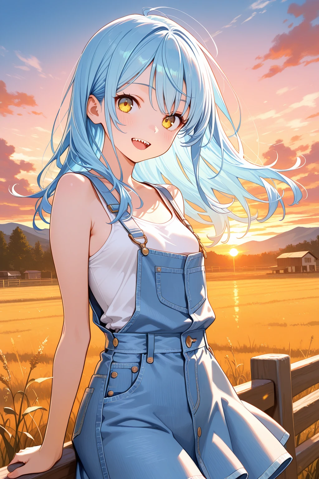 1girl, summer, village, trees, sun, clouds, ((colorful hair)), ponytail, large breasts, cleavage, blue eyes, ((sleeveless T-shirt)), mini skirt, brown shoes, grin, standing, hand on hip, hair ribbon, ((golden necklate))