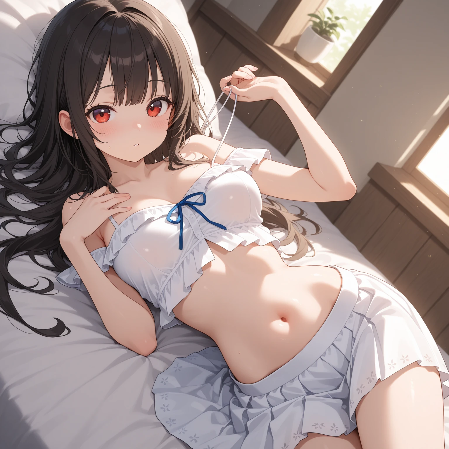 Top quality, very high quality,
21 year old girl (perfect anatomy, accurate anatomy, perfect limbs, perfect fingers),
White lace-edged panties,
White lace-edged bra,
spreading groin,
sexual seduction,
girl shows own underwear,
Wet panties,
genital secretions,
bedroom,
Lying face down, From behind