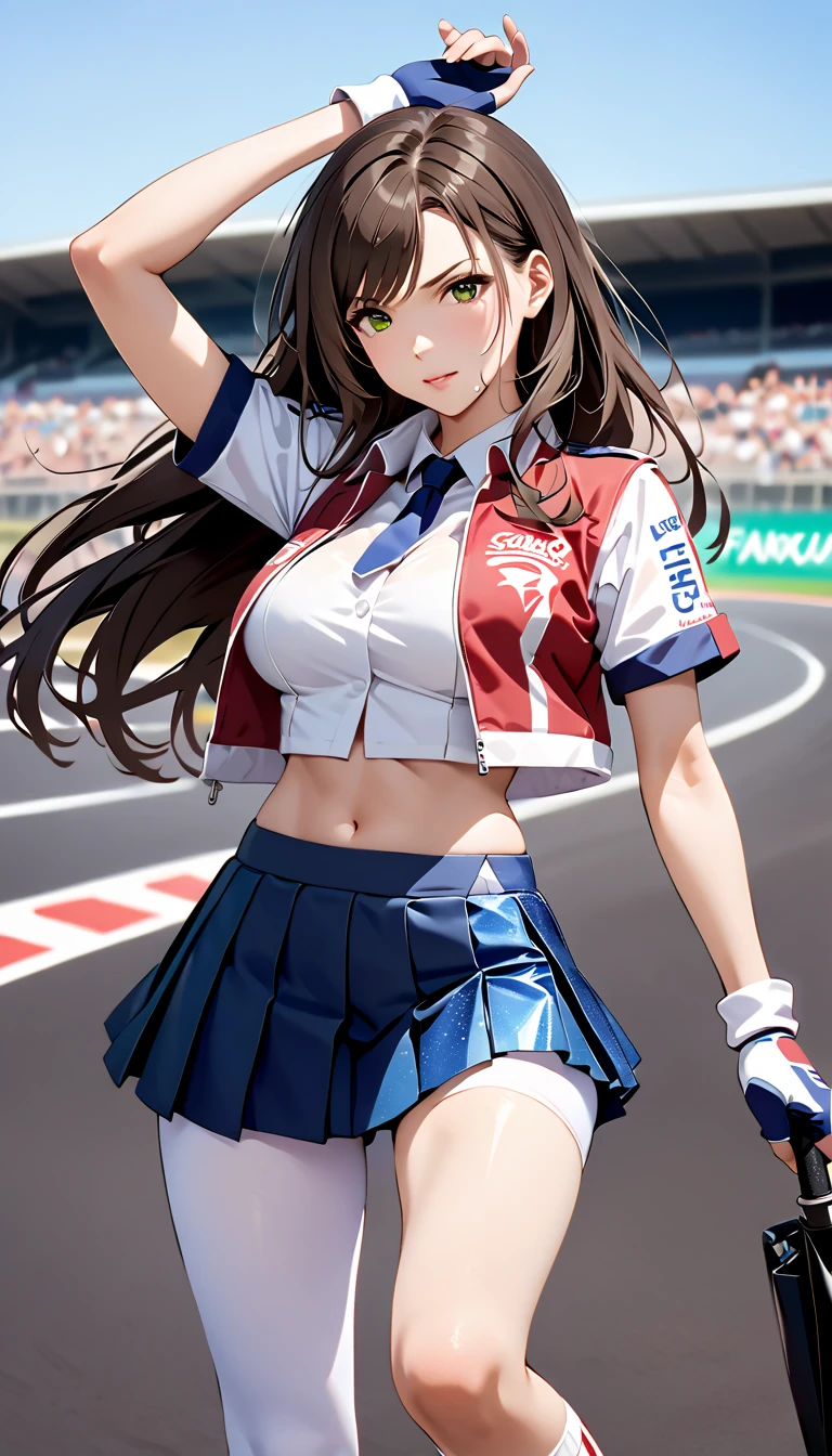 Ultra-high resolution, 1 Girl, 18-year-old, (Idol:1.4), (Famous actress :1.4), (Beautifully detailed face:1), bangs, (Multicolored floating hair), Dentate-like changes in the skin, light makeup, (Medium size bust:1.3), (Glowing Skin:1.1), Shiny skin, Long limbs, slim, Tight waist, Medium Hips, Thin legs, slim太もも, Dynamic Lighting, Sexually suggestive face, Shiny texture, lipstick, V-shaped eyebrows, V-line chin, View your viewers, (長いBlack Hair:1.3), (Perfect Face:1.4), ((Strong winds)), Flowing Hair, audience, (A shy smile:1.3), blue sky, (((Monte Carlo Street Circuit))), (((Racing Car))), (((Racing Bike))), ((Promotional Girl:1.3)), ((Grid Girls:1)), Pink Lip, light makeup, (The promotional costumes, which are carefully crafted down to the last detail,:1.10), Lace-up boots, Short sleeve, Cropped tops, (((Wearing a short jacket with logo:1.3))), (Tube top bra:1), Knee-length, (((たくさんのロゴが入ったナイロンShort sleeveジャケット))), (Logo glitter long nylon pleated skirt), Small Ass, ((Promotional wear with logo:1.3)), (((Shiny black and metallic red glitter promotional wear))), Fingerless gloves, Black Hair, Brown Hair, Redhead, blue eyes, (Drops of sweat:1), (Movement angle), walking, audience,