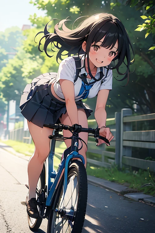 master piece, extremely detailed, high resolution, Makoto Shinkai style, girl, blouse, mini skirt, Riding a bicycle, Showing your back and turning around, master piece, extremely detailed, high resolution, Makoto Shinkai style, girl, blouse, mini skirt, Riding a bicycle, Showing your back and turning around, Long Straight Hair, Brown Hair, Glossy, plump lips, Shiny Hair, A happy look, Rural road sceneryストレートヘアー, Brown Hair, Glossy, plump lips, Shiny Hair, A happy look, Rural road scenery