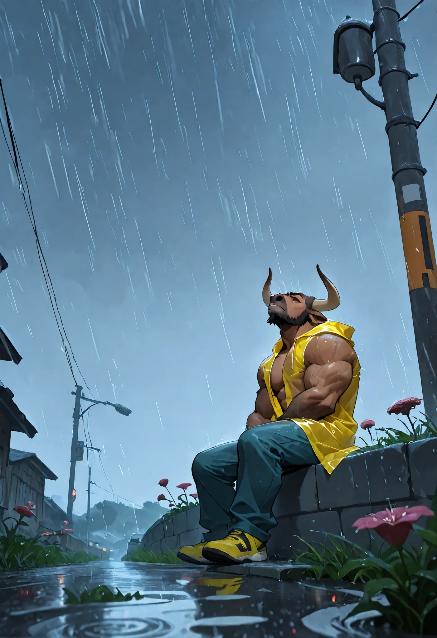 Athlete body, commission for high res, anthropomorphic, there is a brown minotaur, minotaur horns, raincoat, bare chest, muscular, rainy, rainfalls, cozy street, flower pots, countryside, grass, view from beside, sitting on the sidewalk, back against the light pole, close up, exhausted, blushes, sitting on the ground, close-up, looking up to the sky, (close up), alone, lonely, zooming his face.