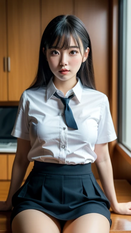 Very detailed CG Unity 8k wallpaper、highest quality、Very detailed、masterpiece、reality、Realistic、Very detailedなかわいい女の子、18-year-old、(High school girl in Japanese uniform)、((White short sleeve buttoned shirt:1.4))、((Shooting from the front:1.4))、((Dark blue bow tie:1.4))、((Standing in a small, dark room with nothing in it:1.4))、((Standing with a confused look:1.4))、blush、Looking at the audience、((Cowboy Shot:1.4))、((A dark blue short pleated skirt that accentuates the thighs:1.5))、((Short-sleeved white shirt for students:1.4))、((straight medium long hair:1.7))、(Beautiful Face:1.3)、(Perfect balance:1.2)、(Long legs:1.2)、(Small breasts:1.3)、((Upper Body))、((Model pose:1.4))、reality、