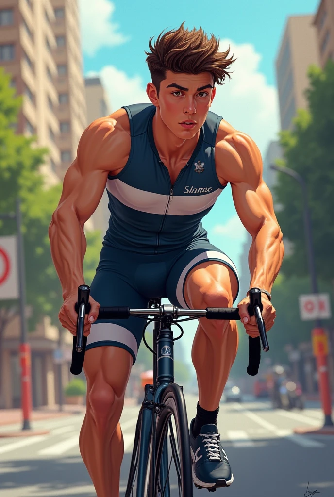 1 man ridding a bicycle in downtown s in hentai+ yaoi+anime style (( NAKED fullbody)) hd, 8k resolution, FULLBODY, 16k resolution, hd, fullbody, ((view from behind)) A young man, latino, cinnmon skin, thin face, straight nose, thin lips, square chin, large black eyes, short black, wavy hair, in roberto ferri style, aesthetic slim athletic body, very tall, latino, realistic skin, gorgeous, realistic detailed tonned muscles, barefoot, perfect ???????, muscled fitness body, 195cm tall, realistic skin, skinny realistic detailed muscles , he is ?????, ridding a blue bicycle, relaxed body lenguaje, relaxed face expresion. ((side view, storbe lighting, Leading Lines composition )) background steanpunk downtown, in the night