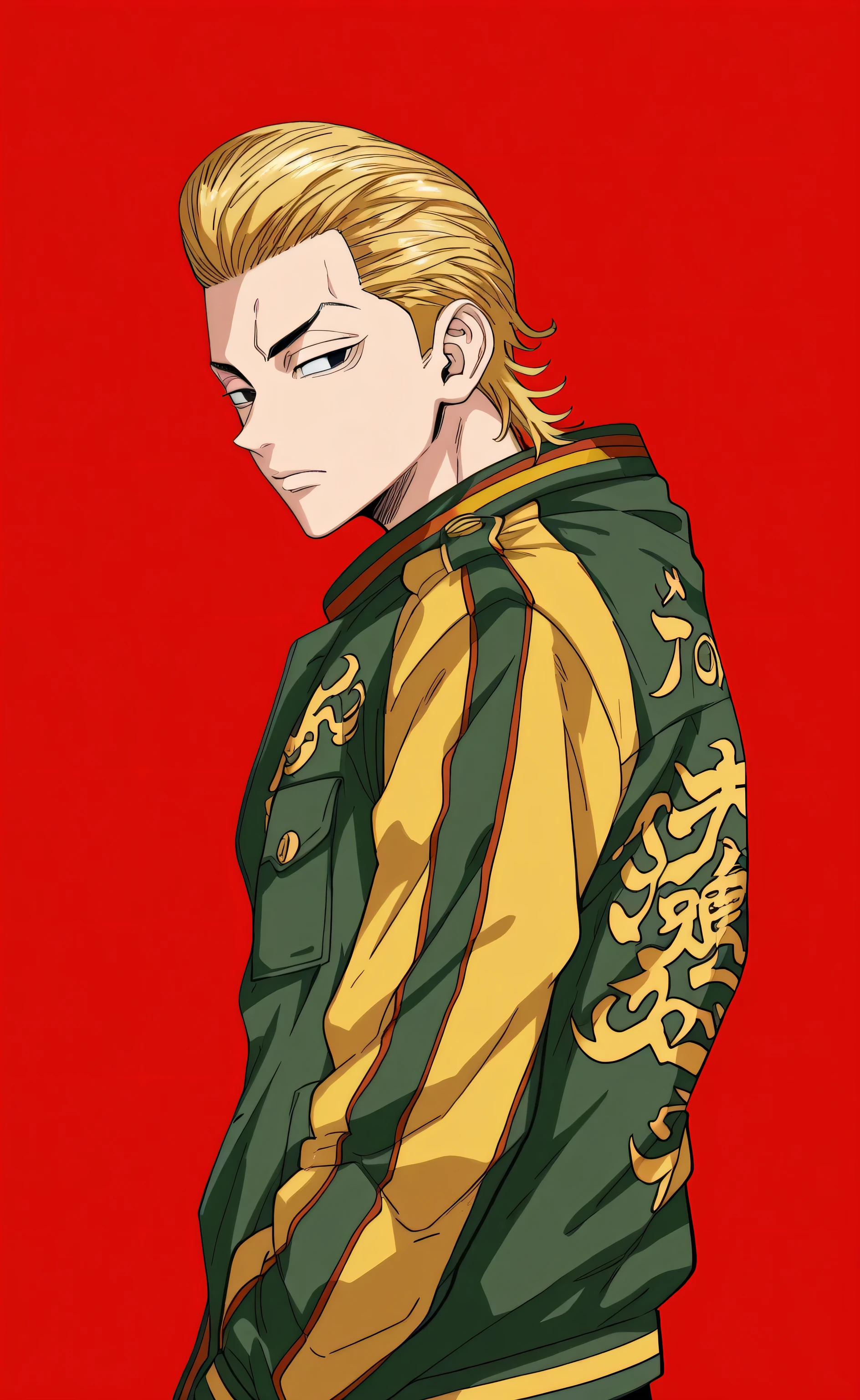 1male,solo,blond hair,short hair,pompadour haircut,black eyes,gren sukajan jacket,Tokyo Revengers Style