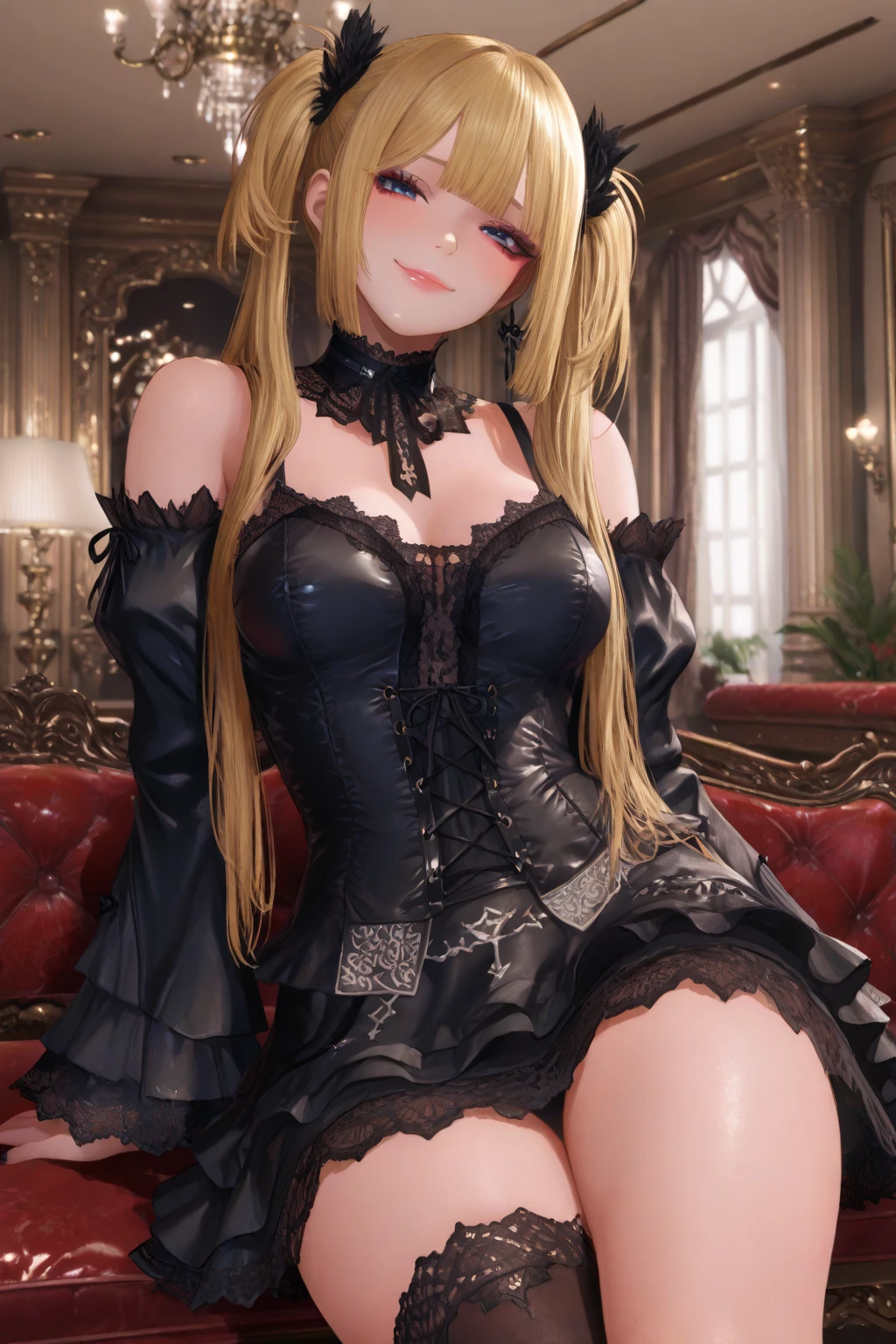 extremely detailed outfit, girl on her back and big ass, thin strap shirt, (((photorealism)))), cyber realism, 16k, (1girl), collar, (totally sideways)chain on the neck, kneeling on all fours, extremely realistic skin, clothes with details, (blonde hair), (dark room), white lights (((view from above)))