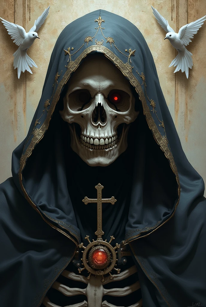 official art, unity 8k wallpaper, ultra detailed, beautiful and aesthetic, High quality, beautiful, masterpiece, best quality, (zentangle, mandala, tangle, entangle), day of the dead, triking art piece featuring a man wearing skull makeup, wearing a black sombrero, flower crown, mexican, rosary prayer beads, santa muerte, mother mary with blood, black clothes, intimidating look, goat skull, people in black robes surrounding, goat heads, cross, (red, black), (horror), (gloomy), blood, phenomenal aesthetic, sumptuous artwork,