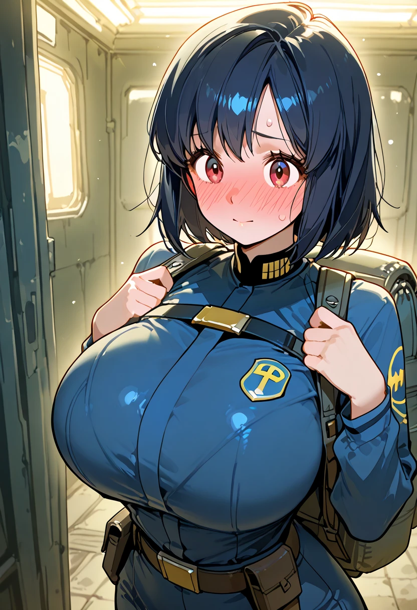Beautiful girl. Black short hair. Her breasts are massive. She wears a blue uniforme because she's a nurse. She smiles.