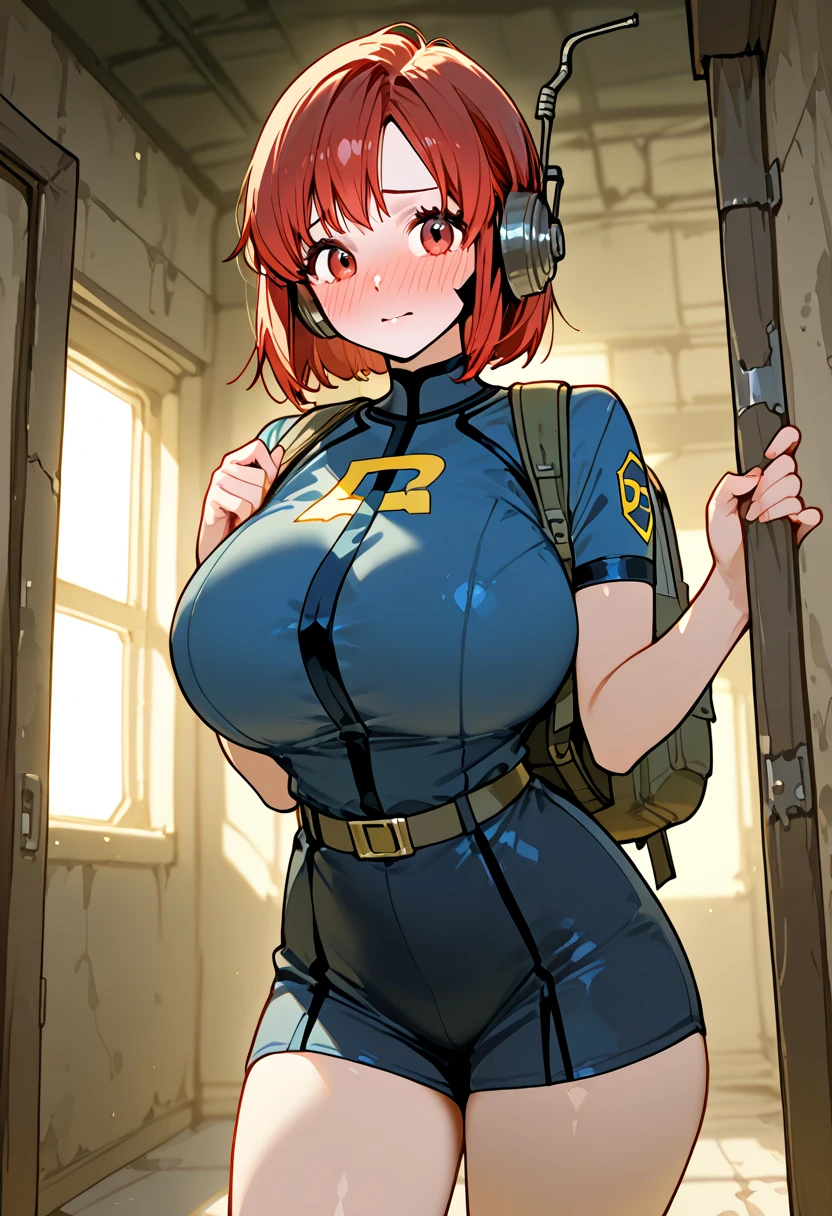 Young girl, Pullover, blue bikini, mini bikini, whole body to see, disgusting face, angry, scream, pigtails hair , (( very wide hips)), (((colossal Thighs, gigantic thighs, very huge thighs, very big thighs))), fullbody, platform heels, tanned , brown skin, big breast, holding gun, soldier girl ,  leg garter, standing, front pose, redhead,