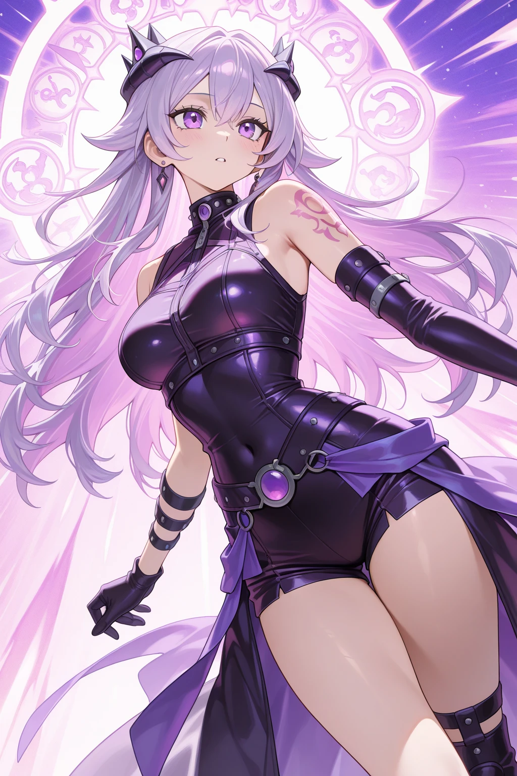 nsfw, satoukuuki, Embracing dark aura, pubic tattoo, glowing tattoo, 1 boy, femboy, otoko no ko, thigh high boots, medium hair, Feeling magical energy, octagonal yin yang mirror, cape, forehead accessory, runes, evil smile, stand-up collar, black body suit, at midnight, Holding a symbol of faith, purple eye, pastle purple hair, gold decoration, evil eye decoration, moon, earring, chains, belt, yin yang, skirt, beautiful art, high res, perfect face, detailed outfit