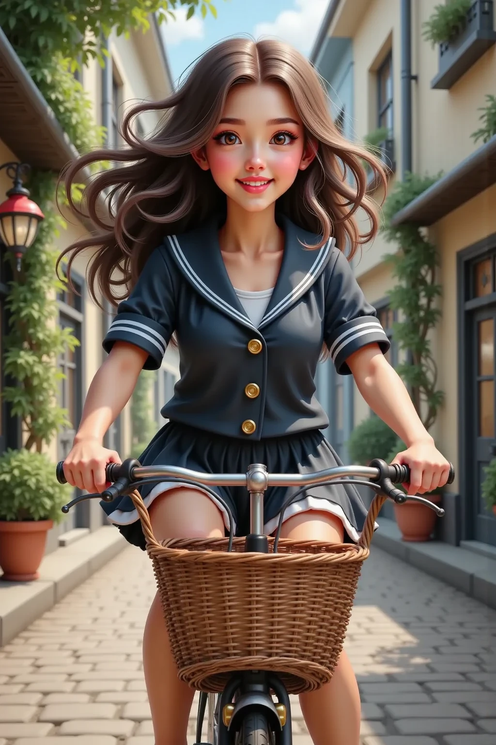 (masterpiece),(best quality),(ultra-detailed), (full body:1.2), fatty girl, cute baby girl, smiling face, (singing on cycle), long hair, garden background, (blue dress:1),