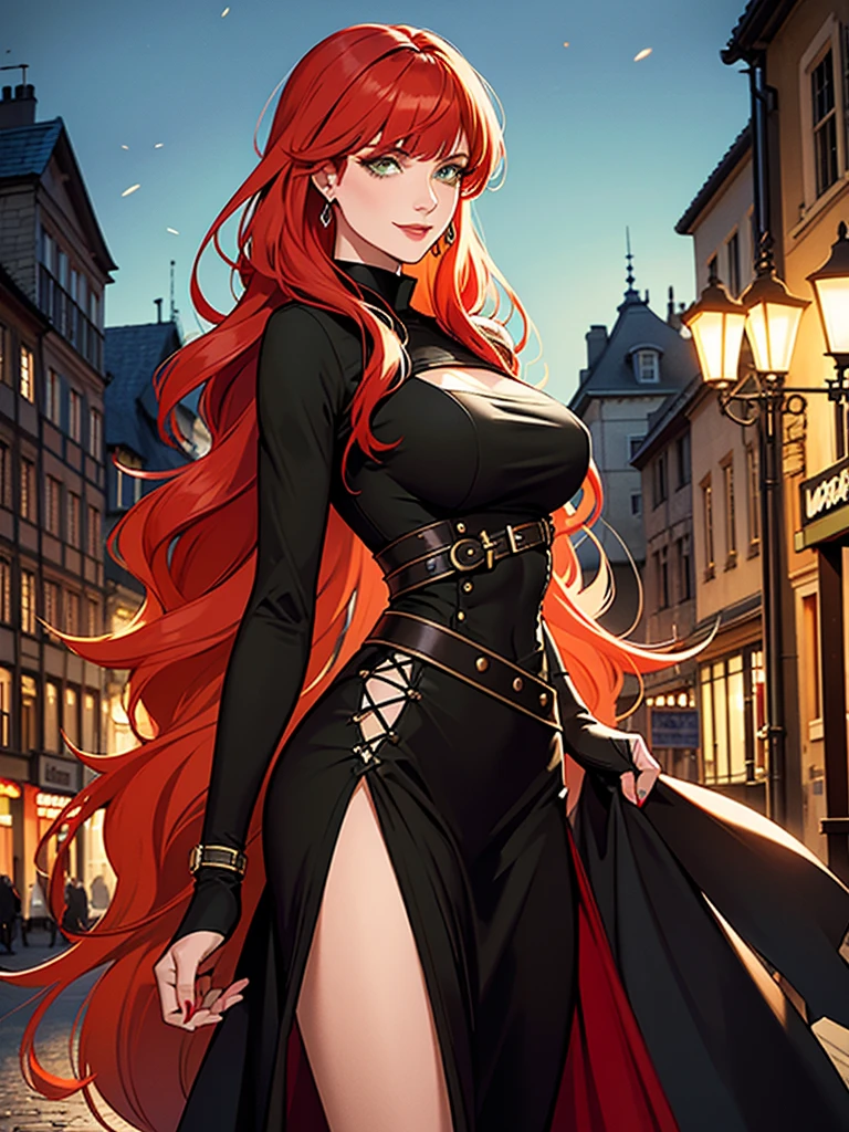 #Basics A girl is posing for a photo, animeのかわいい女の子, (((One Girl, Baby Face, Young girl, 16 years old))), 
BREAK 

#Clothing Accessories 
(black corset long dress : Elegant floor-length dress + The fabric is made of high-quality materials such as smooth satin and chiffon. + ((A full-skirted dress with no side slits or openings)) + (Sheer wide sleeves) + (A sheer black overskirt) + (A sheer black lace haori), Black High Heels), 
(Earrings, jewelry, eye shadow, lipstick), 
BREAK 

#Features 
((Red hair:1.4), Curly hair:1.4, (Short Hair : Short Hair + Wavy Hair + Hair blowing in the wind)),  
(Droopy eyes, blue eyes), (Small breasts),  
BREAK 

#background environment 
((noon, Castles in a fantasy world:1.4)), 
#Facial Expression Pose
((Wicked Smile), (Are standing)), 
#composition 
((Face the camera, Angle from the front, Cowboy Shot:1.4)), 
BREAK 

#Body parts elements 
(Detailed hair, Beautiful Hair, Shiny Hair), 
(double eyelid, Long eyelashes), 
(Expression of fine eyes, Beautiful and delicate eyes, Sparkling eyes, Eye Reflexes, Glitter Eyeliner), 
(Human Ear), 
(Beautiful Nose, Thin Nose), 
(Glossy lips, Beautiful Lips, Thick lips, Glossy Lips, Natural Cheeks), 
(Detailed face, Symmetrical facial features), 
(Detailed skin, Textured skin, Beautiful Skin, Shiny skin), 
BREAK 

#Quality 
(((Highest quality)), ((masterpiece)), ((Very detailed))), ((High resolution), (16K,1080P)), 
(Realistic), (Anatomically correct), 
((comics, anime)), (3DCG), CG illustration,
