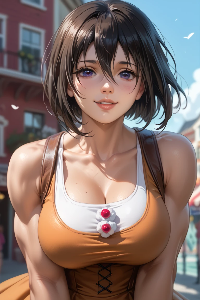 On the road,Beautiful woman、naked、Cleavage,White off-the-shoulder tube top bra,Shorthair twin tails,Chubby body type,Showing underboob,Exposing the underboob,Raise your arms