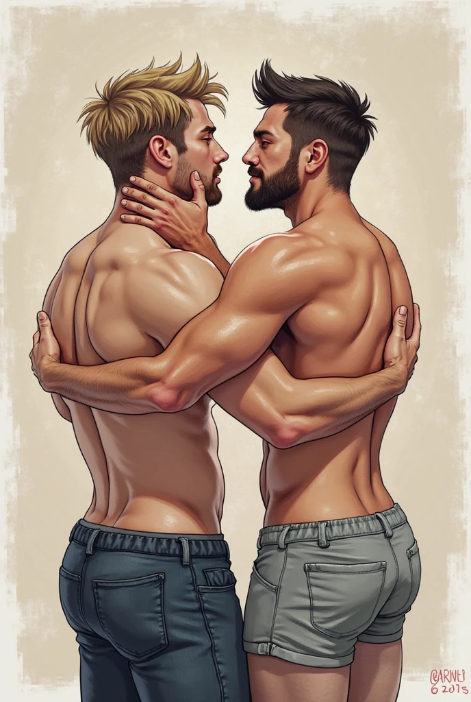two handsome huge muscular naked bodybuilders kissing, side view, full body image, seen from a low angle