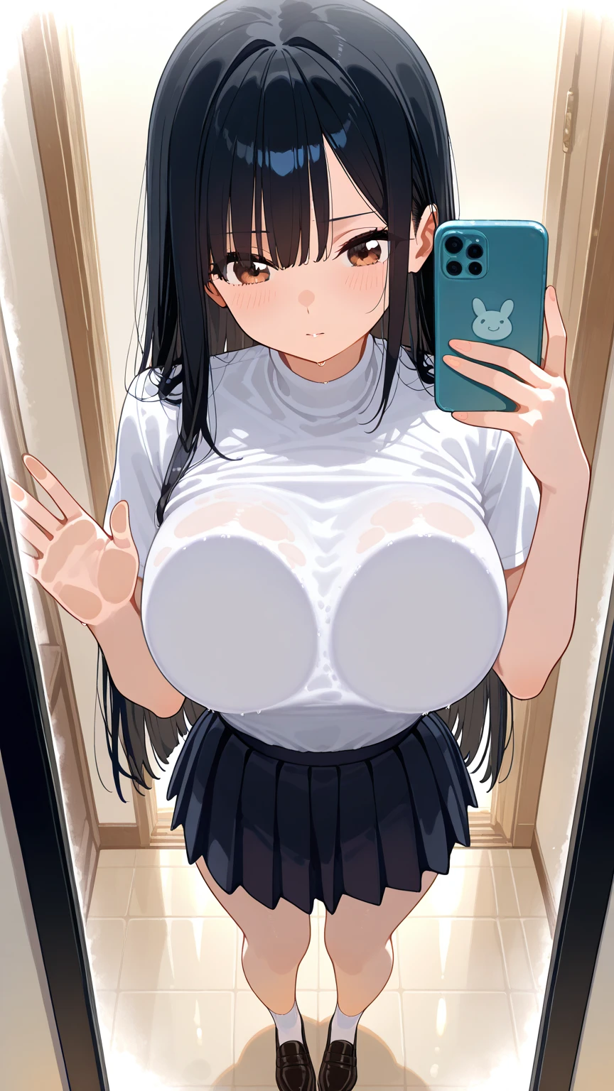 2heads, short thin woman with 2 heads. Massive breasts. Teenager. Freckles. In a big cozy home. Wearing a tight bra, wearing skirt. Messy hair in a ponytail. Blushing. Spunky. Think eyeliner. Gorgeous thin mature face. Seductive. Huge fake round tits. Gripping breasts, touching breasts. Huge thighs. Girlfriend. Smirking. Taking a selfie, selfie POV.