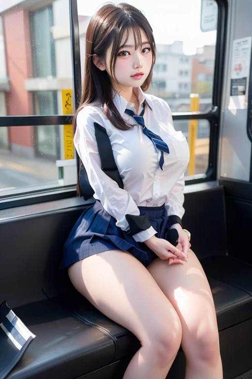 (top-quality,ultra-detailliert,masterpiece,realisitic,Photo Real,Bright lighting,1 girl in, an extremely beautiful 17-year-old girl), (kawaii:1.2),Thin smile, (Brown eyes),(brown haired),(bangss),(((High Ponytail)))、perfect glossy skin,flawless skin,(((huge tit)))、((erotick,Sexy and sexually explicit)),((accurate hands without incongruity)), large full breasts,big breasts thin waist, Look at viewers,((a sailor suit)),((Short sleeve uniform white shirt)),(red necktie),(Blue Mini Pleated Skirt),(((skirt lift by yourself))),(lifted by self),(Showing panties),panties on,panties focus,((Sit up,spread legswide)), sockes, (Black knee socks),(Loafer shoes), during daytime,On the train,Horizontal long seat with your back to the window、(((naked legs)))、(M-shaped legs:1.5)、