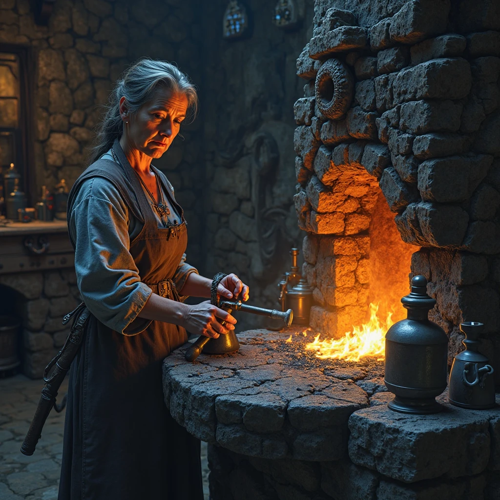young woman, long silver gray hair tied in french braid, blue flowing dress from the 19th century, a dark kitchen, leaning on an stone made counter top and looking at the burning fire (casper)