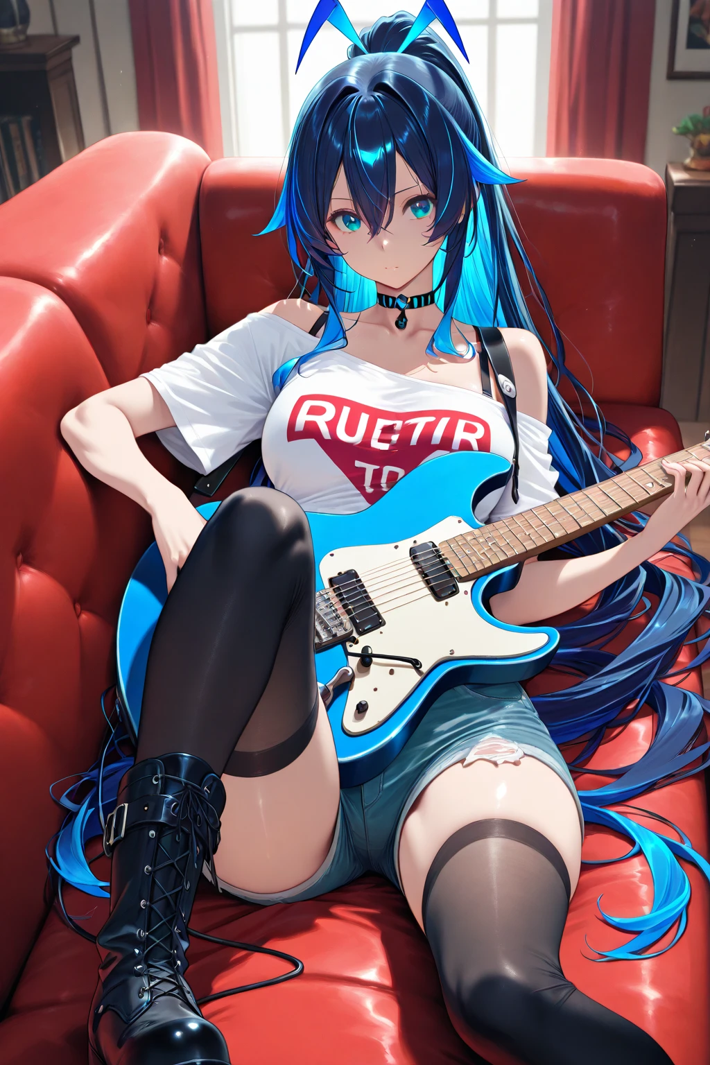 there is a blue hair woman that is laying down on a bed,holding an electric guitar in her lap ( Les Paul guitar), Guviz-style artwork, style of anime4 K, Ross Tran 8 K, Digital cyberpunk anime art, Guweiz in Pixiv ArtStation, Guweiz on ArtStation Pixiv, e - girl, E-Girl, cyberpunk anime girl, Fanart Meilleure ArtStation,lean legs,blacksilk, look from above