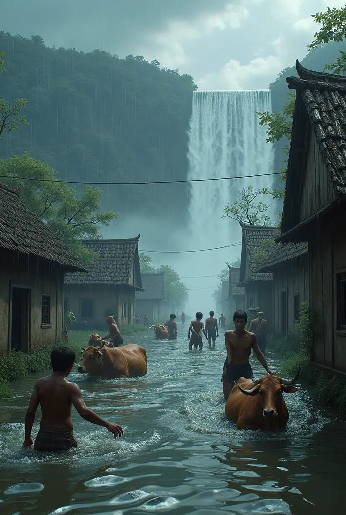 A village building, hut, many people, men, women, children, some cows, goats, chickens are drowning under the water because of the flood water. Rain is coming from the dark cloudy sky above. Behind a dam from where the water is continuously falling from where this flood is caused.