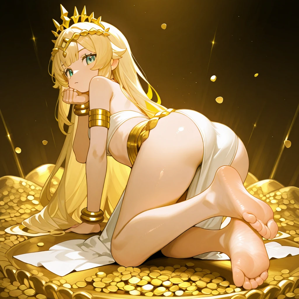 masutepiece, Best Quality, Extremely detailed, detailed intricate illustrations, (Lying on a pile of gold coins), Basement full of lots of gold coins, (Big pile of gold coins), fantasy castle, Indoors, blazing, shiny, Fantasy, RPG, Exciting, Rich, spark of light, llight rays, underground, Beautiful detailed eyes, Detailed skin, imagination, Realism, Figurative, representational, Beauty, Composition, Scale, Foreground, middle ground, Background, Perspective, light, Color, Texture, detail