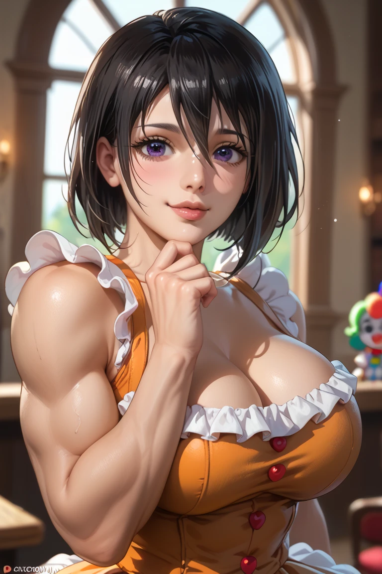 Perfect, masterpiece, (best quality, highres:1.2), 1girl, beautiful detailed eyes, beautiful detailed lips, extremely detailed eyes and face, long eyelashes, medium:oil painting, vivid colors, HDR, studio lighting, ultra-fine painting, sharp focus, physically-based rendering, extreme detail description, portraits, ((organized fingers)), curvy body, big breasts, perfect shape, facing viewer, sweaty, gorgeous, ((arms up)), sleeveless shirt, smiling, very short hair