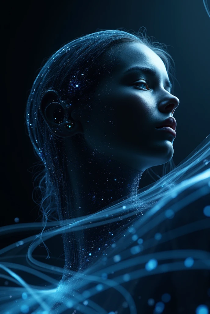 A striking image of a woman's , rendered in a glowing blue neon style against a dark background. The woman has long, flowing hair made of light, with delicate, ethereal strands swirling around her head. Her facial features are serene and calm, illuminated by the neon light that outlines her profile. The overall effect is otherworldly and captivating, creating a sense of both tranquility and energy. The background is dark, making the blue neon light stand out vividly