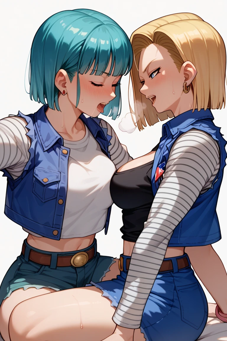 score_9, score_8_up, score_7_up, score_6_up, score_5_up, score_4_up, (source_anime), only 2girls, dragon ball z, ((bulma brief, Blue hair)), ((Android n18, Blonde)), yuri, breast sucking, breast milk