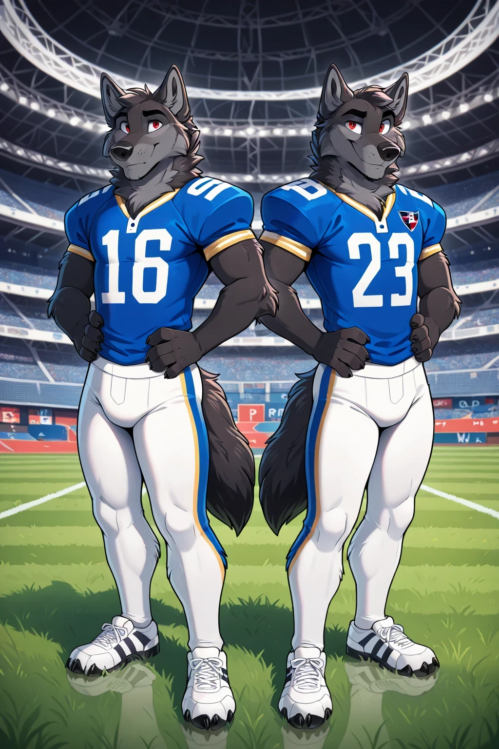American football stadium background, blue eye, Reflections, full body, Anthropomorphic, Adult Wolf, without humans, by ango76 , Masterpiece, better quality,very aesthetic, newest, anthropoid, mammal, a child, Clothes, Alone, Porry , Porry Macho , red eyes Lobo male, Hairy male black wolf , bipedal posture, claws, animal ears, high resolution, blue american football jersey, white spandex tights, white sneakers, wolf tail, front view of the spectator , On two legs pose, hands on waist , seductive expression