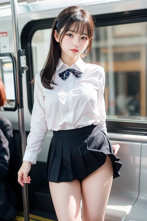 top-quality,​masterpiece,Photo Real,1 girl in, an extremely beautiful 17-year-old girl, (kawaii:1.2),Thin smile,(brown haired),perfect glossy skin,((accurate hands without incongruity)), large full breasts,big breasts thin waist,((a sailor suit)),((Short sleeve uniform white shirt)),(red necktie),(Blue Mini Pleats:1-.4),Sit with your back to the train window、sexypose,(Lift the hem of the skirt yourself:1.8)、 (Spread your legs in an M shape:1.7)、(Showing panties:1.6),(Lace panties:1.5), sockes, (Black knee socks),(Loafer shoes), during daytime,On the train,Horizontal long seat with your back to the window