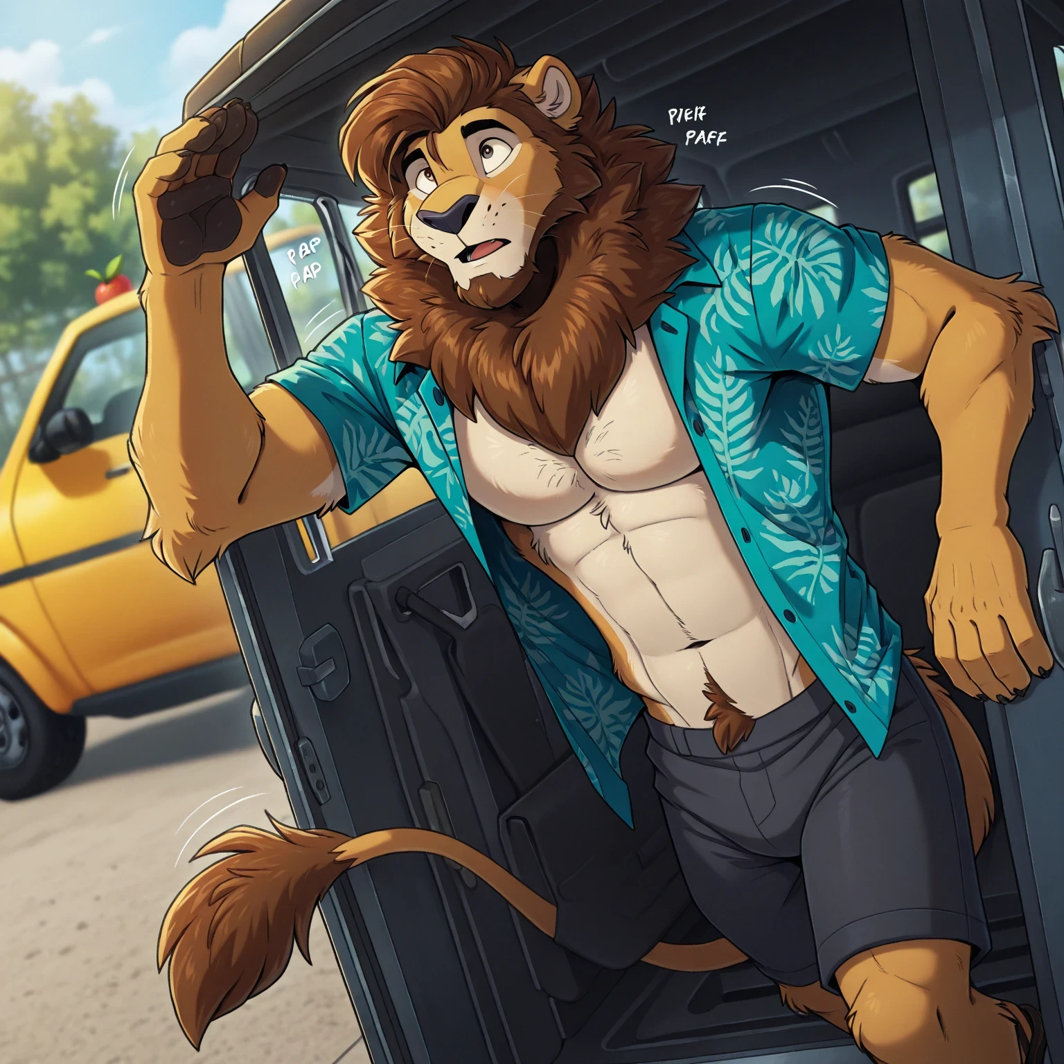 depth of field, blurry background, eye reflections, reflections,   dutch angle, anthro, adult, furry, no humans, tail, sound effect,   sound effect, motion lines,   by ango76, <lora:Ango76_Artist_Style_Illustrious:1.0>,   masterpiece, best quality, amazing quality, very aesthetic, absurdres, newest,  male focus, 1boy, furry, ground vehicle, furry male, motor vehicle, bara, solo, hawaiian shirt, animal ears, muscular, muscular male, lion ears, pectorals, fruit, open shirt, food, open clothes, shirt, abs, facial hair, navel hair, large pectorals, navel, sandals