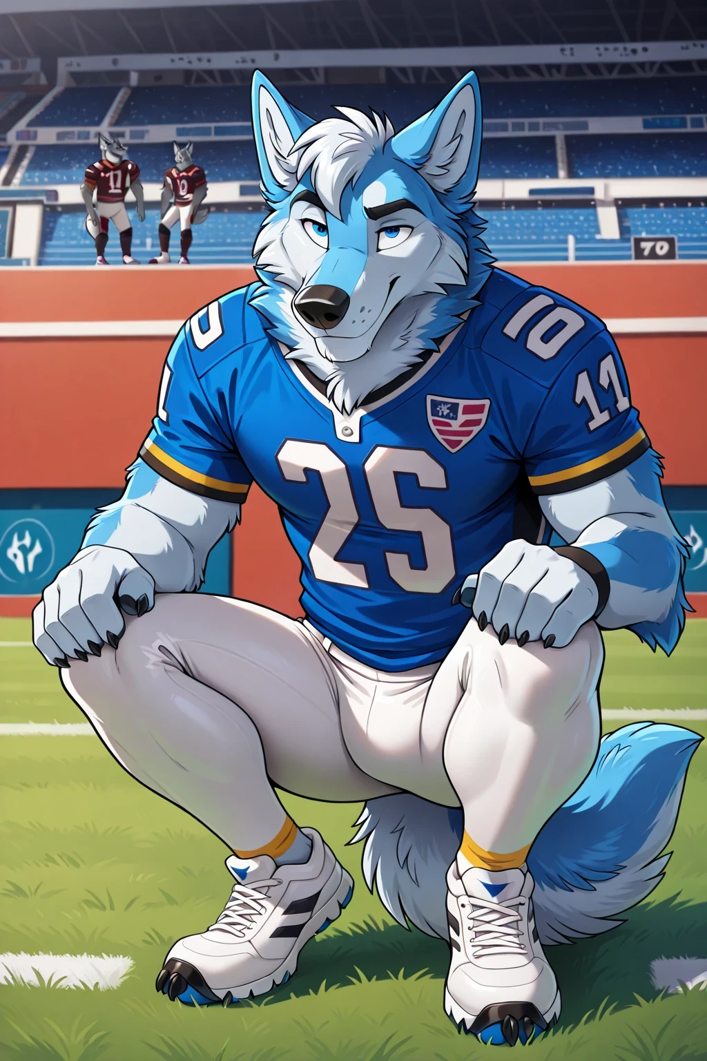 american football stadium background, blue eye, Reflections,  full body, Anthropomorphic, Adult Wolf, without humans,   by ango76 ,    Masterpiece, better quality,very aesthetic, newest,  anthropoid, mammal, a child, Clothes, Alone, Porry , Porry  Macho , blue eyes, Male Wolf,  hairy male white wolf  , squatting posture, claws,  animal ears, high resolution, blue american football jersey,   white spandex tights, white sneakers, wolf tail, front view of the spectator , squatting pose, hands on the knees , seductive expression 
