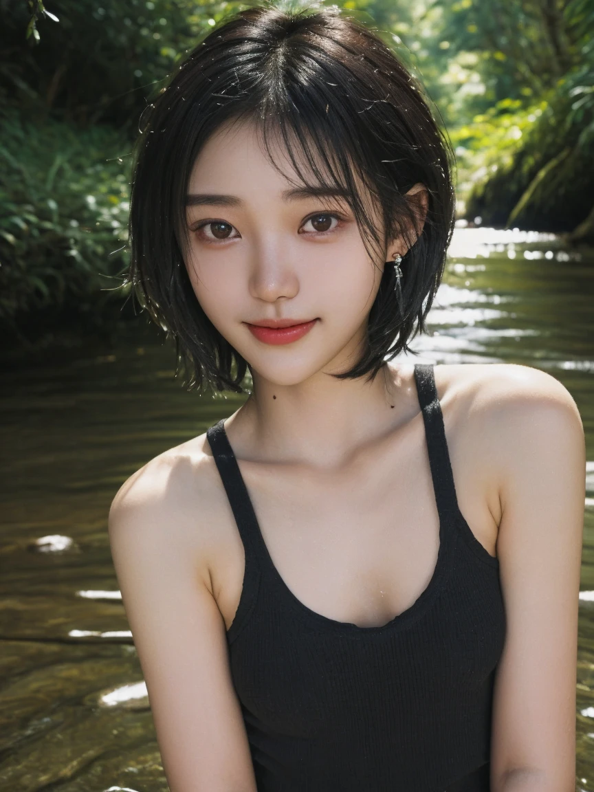 Three smiling girls, Blowing in the wind for a long time [Blue-black:.3] hair,View Audience, (masterpiece:1.3), (8K, Realistic, RAW Photos, Highest quality: 1.4), Japanese, (One Girl), Beautiful Face, (Realistic Face), (black hair, short hair:1.3), beautiful hairstyle, Realistic eyes, Beautiful details, (Realistic Skin), Beautiful Skin, charm, Ultra-high resolution, Ultra-realistic, Very detailed, Mountain stream, Shooting with a smartphone、Off the shoulder