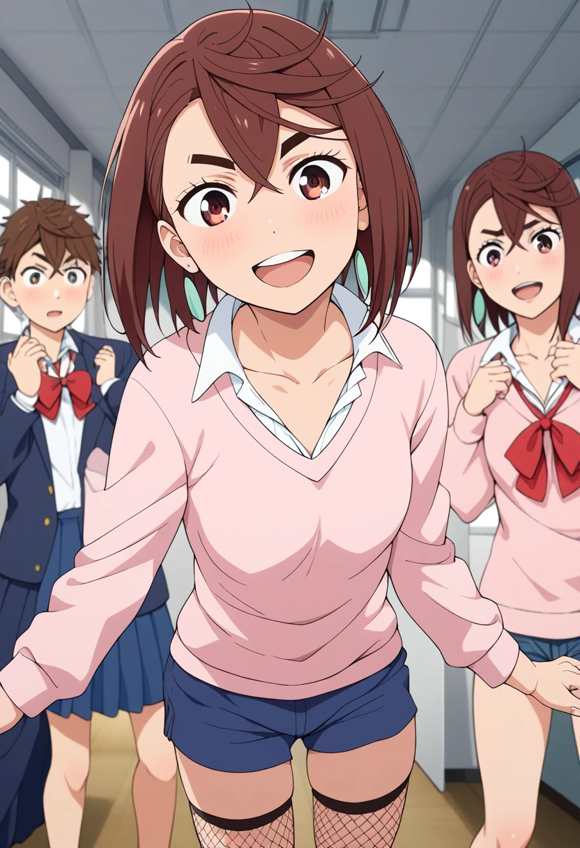 Momo Ayase, short hair, Brown Hair, brown eyes, Bang, thick eyebrows, medium chest, standing in a school environment,  Together、散らばった本や環境を強化する掲示板などの微妙なディテールTogether、, a group of 3、captures the balance between elegance and casual school vibes . she's wearing a tight black blouse, torn fishnet tights, and、she is very resistant But I'm left feeling freaked out {x} A short black miniskirt that creates a confident yet friendly vibe ,  This scene、she's balancing elegance with a casual school vibe .  andとてもエロい表情をして、guys are naked and doing a threesome with her, surrounded by a bright and vibrant background。along with subtle details such as scattered books and bulletin boards that enhance the environment