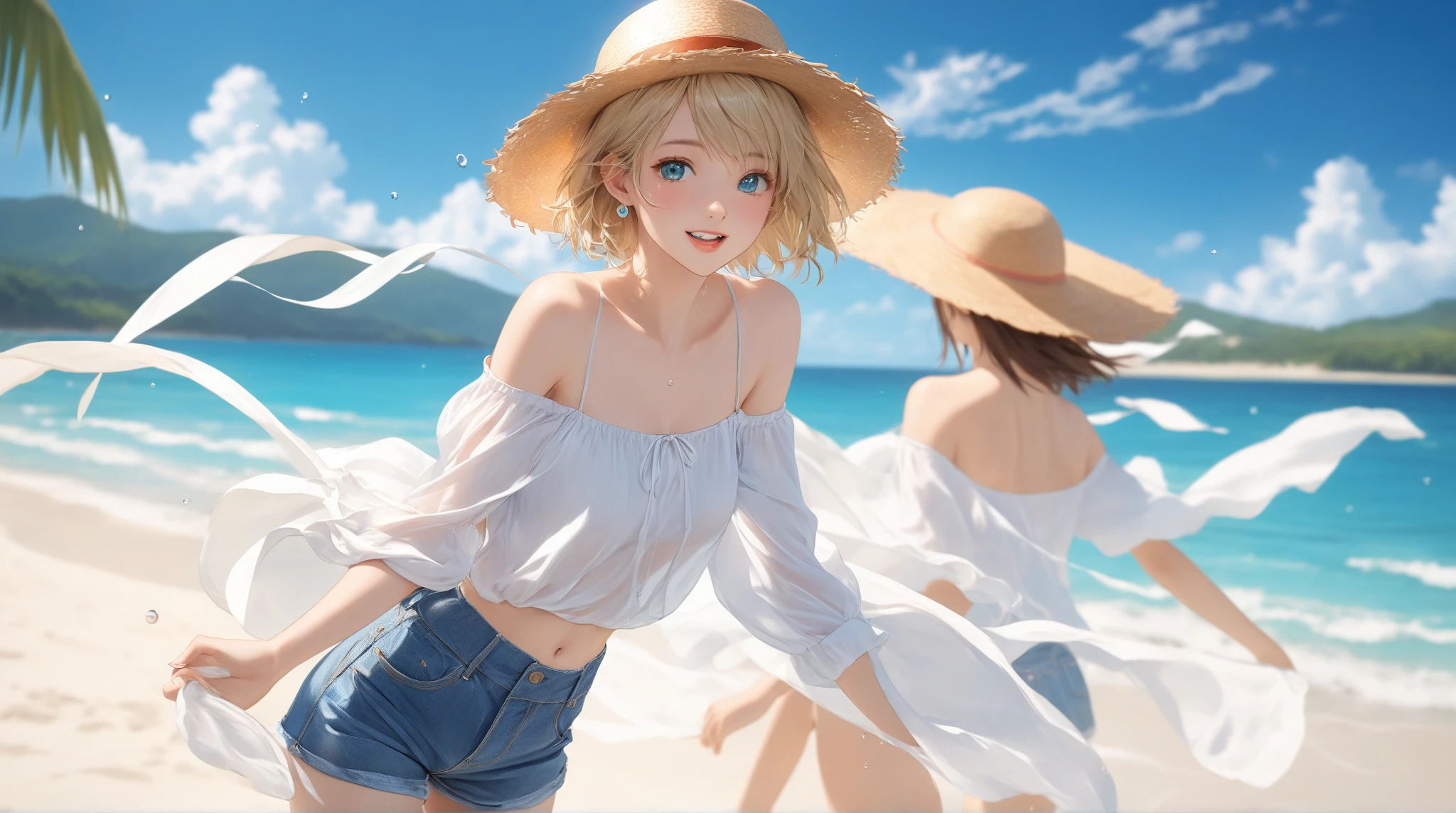 (masterpiece), (portraitures), (Aesthetic), (Beautiful fece), (Upper management), (fine quality), (Beautiful clothes), (professional angle), (thirds rule), (femele), (Beautiful fece),(Feminine characteristics), (21years old), 独奏, 1人のfemele, (Attractive Japan), Mid summer,mare, (natta), (Romantic light), ((Lens Face Dissatisfied Face)), ((Elegant)), (Dramatic makeup), (Plenty of bust), ((Medium short hair)), (White hair), (straight haired), (Loose Pan Hair), (Decorative comb for hair)、(Narrowed eyes)、(Hazel eyes)、(Mysterious appearance)、(a white bikini)、(a straw fedora hat)、((Blue Sky Background))、(Medium Shot Shot)、beautifull hands、(Mole)、