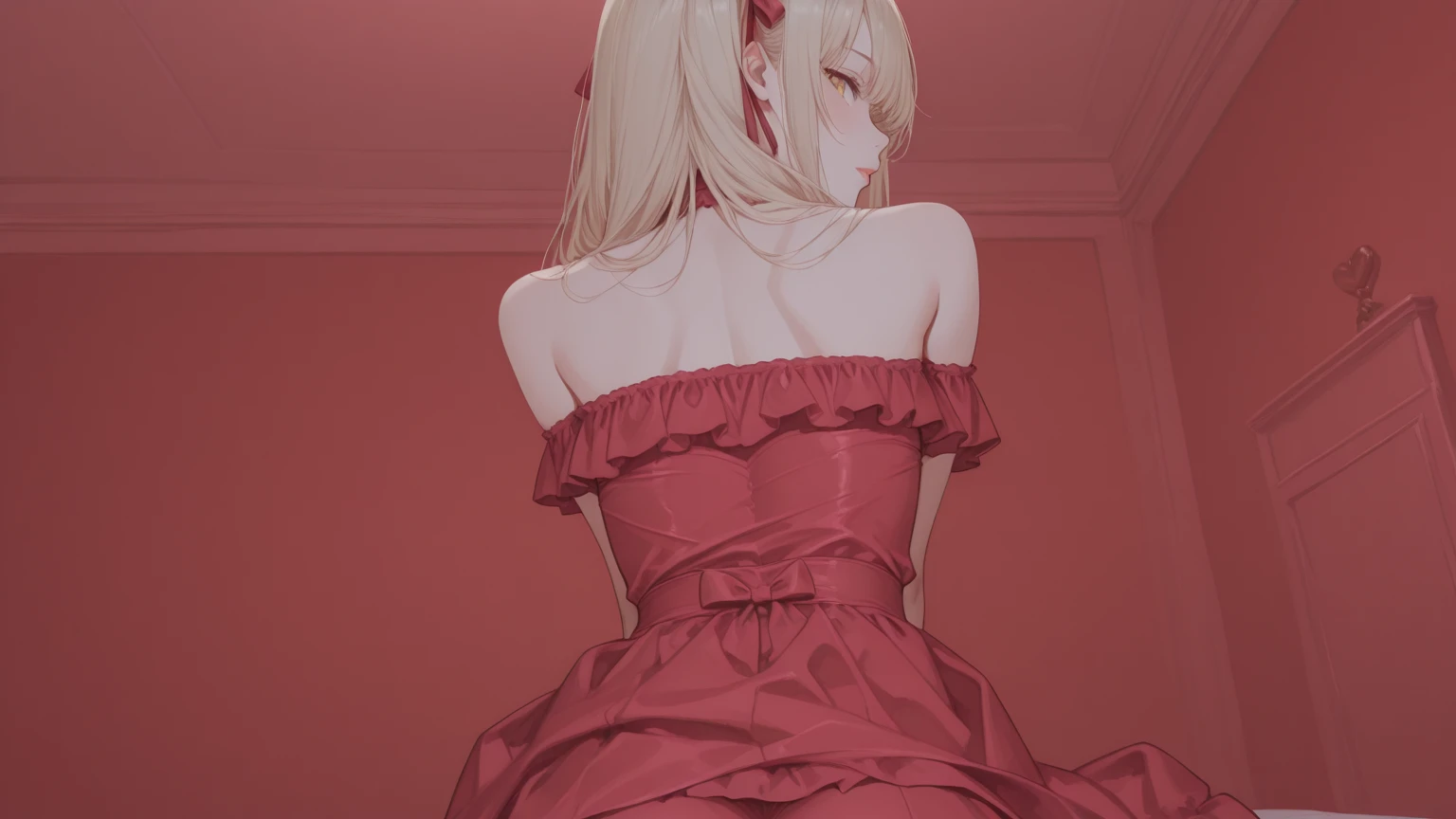 (masterpiece, best quality), 1girl, blonde hair, red dress, pantyhose, cute face, blush,