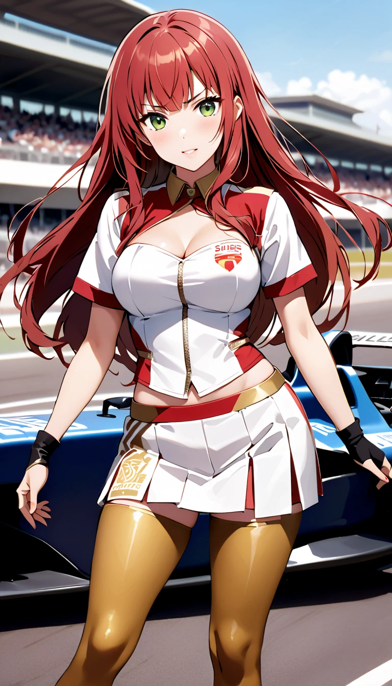 Ultra-high resolution, 1 Girl, 18-year-old, (Idol:1.4), (Famous actress :1.4), (Beautifully detailed face:1), bangs, (Multicolored floating hair), Dentate-like changes in the skin, light makeup, (Beautiful bust:1.3), (Glowing Skin:1.1), Shiny skin, Long limbs, slim, Hanging chest:1.3, Tight waist, Medium Hips, Thin legs, slim太もも, Dynamic Lighting, Sexually suggestive face, Shiny texture, lipstick, V-shaped eyebrows, V-line chin, View your viewers, (Long Hair:1.3), (Perfect Face:1.4), ((Strong winds)), Flowing Hair, audience, (A shy smile:1.3), blue sky, (((Monte Carlo Street Circuit))), (((Racing Car))), (((Racing Bike))), ((Promotional Girl:1.3)), ((Grid Girls:1)), Pink Lip, light makeup, (The promotional costumes, which are carefully crafted down to the last detail,:1.10), Lace-up boots, Short sleeve, Cropped tops, (((Wearing a short jacket with logo:1.3))), (Tube top bra:1), Knee-length, (((たくさんのロゴが入ったナイロンShort sleeveジャケット))), (Logo glitter long nylon pleated skirt), Small Ass, ((Promotional wear with logo:1.3)), (((Shiny white and metallic red glitter promotional wear))), Fingerless gloves, Black Hair, Brown Hair, Redhead, blue eyes, (Drops of sweat:1), (Movement angle), walking, audience,