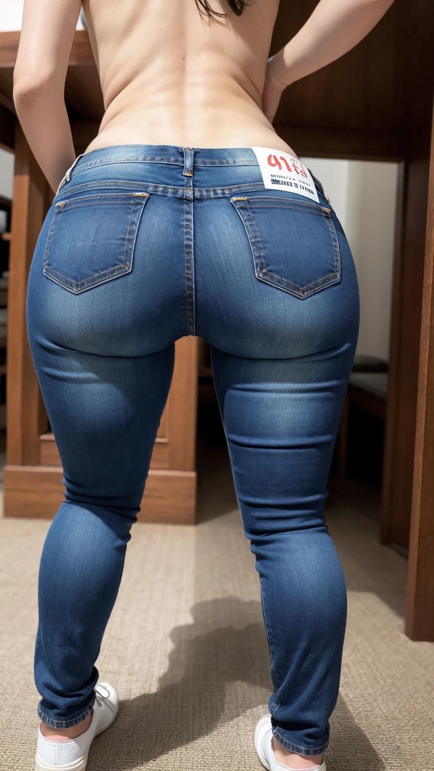 
Rear view of a woman wearing flared jeans, a full white hijab, and a black jacket. Full body photography from behind. Long, wide-leg jeans. Big butt. Wide-leg.