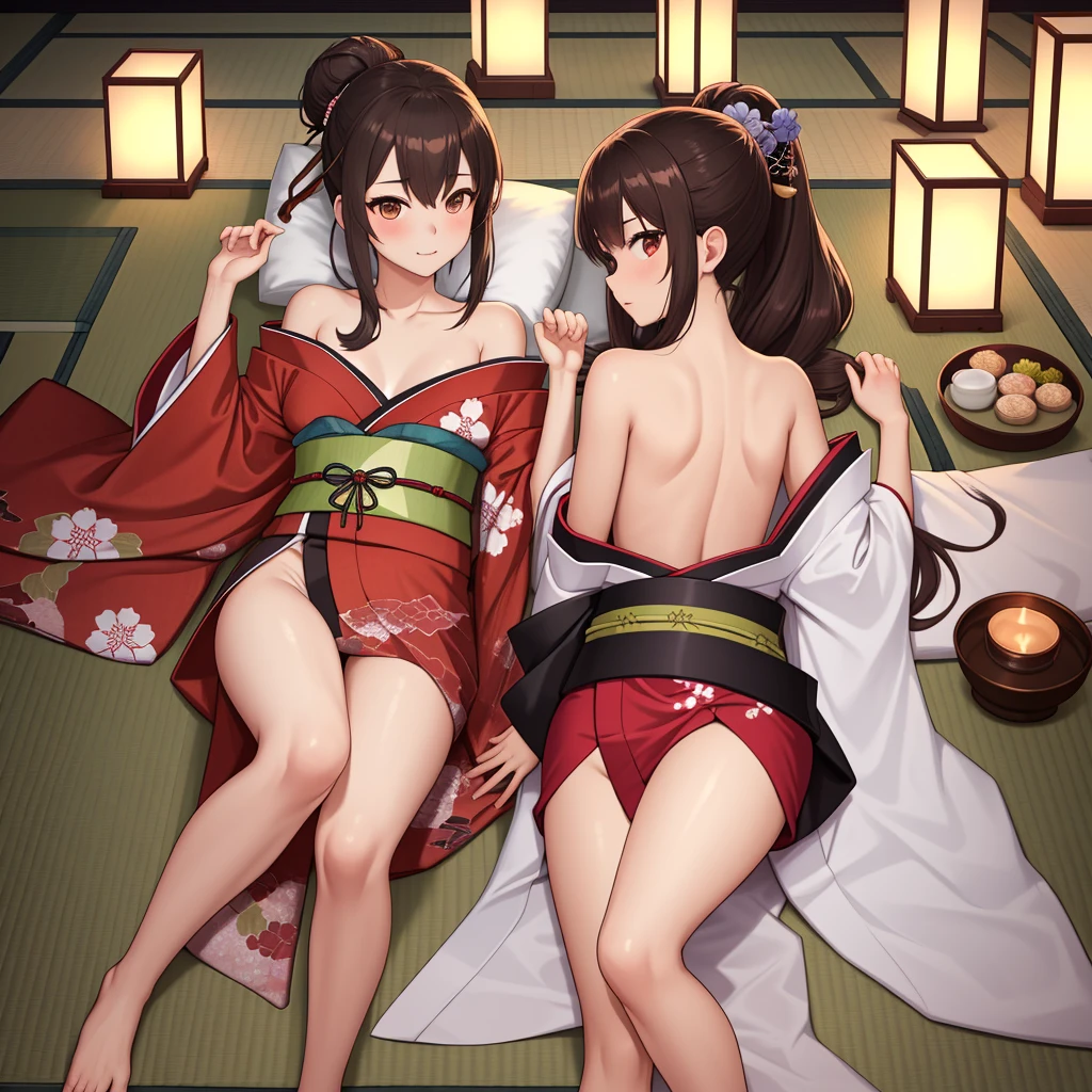 Sisters hugging each other,Japanese clothing,Unbuttoned,Sex,Half naked,Lying down