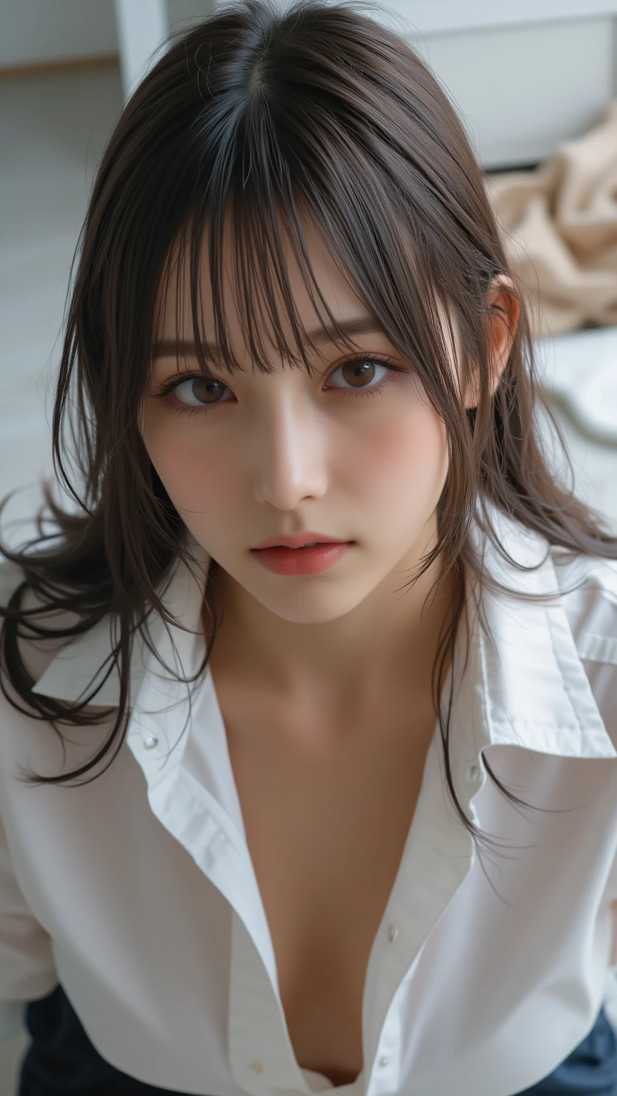 Black hair, (long hair), black eyes, (glowing eyes), (white thighhighs:1.2), orgasmic face, seduction, eroticism, seductive expression, black face, charming, blushing, shyness, shyness, shyness, disgust, disgust, (oversized), played badly,, make eyes at someone, ah-hey, comfortable, screaming, opening mouth, drooling, sexual spasms, White skin red, rosy face, sweat, wet body, color, alone, crying on the ground in a student uniform, duck sitting, desire dissatisfaction, loneliness, caress, sexual pleasure, enduring pleasure, erk off, A charming expression, (crying on the ground in a student uniform detail portrayal), (duck sitting detail depiction front), detail portrayal, bust (Masterpiece), (Close Up), ( Best Quality), Extremely detailed, (Close Up) Exquisite, Beautiful, (Close Up), (A Beautiful Girl), (Collar, Collar), (Detailed Pink Areolae Nail:, (delicate depiction of skin), (voluminous skin: 1.4), top-notch CG quality 8k wallpaper, realistic, master level, masterpiece, portrait, center, viewing lens, beautiful Chinese and Korean mixed blood idols, (ultra fine description of facial and facial details), (blushing face), lip biting makeup, sweet smile, perfect facial features, red eyes, blind bands+hair over one eye, (Ruby nail). fat_ Mons, cameltoe,