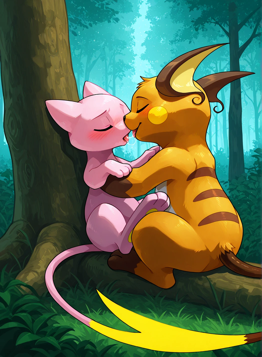furry, anthro, kobold,scales,  blue, black, nude, slender, young, small breasts, thin body, laying down, panting, blushed face, kissing furry girls, holding, hugging, lesbian, at night, science fiction, robotic, flowers, field, , at night, stars, masterpiece, high quality,