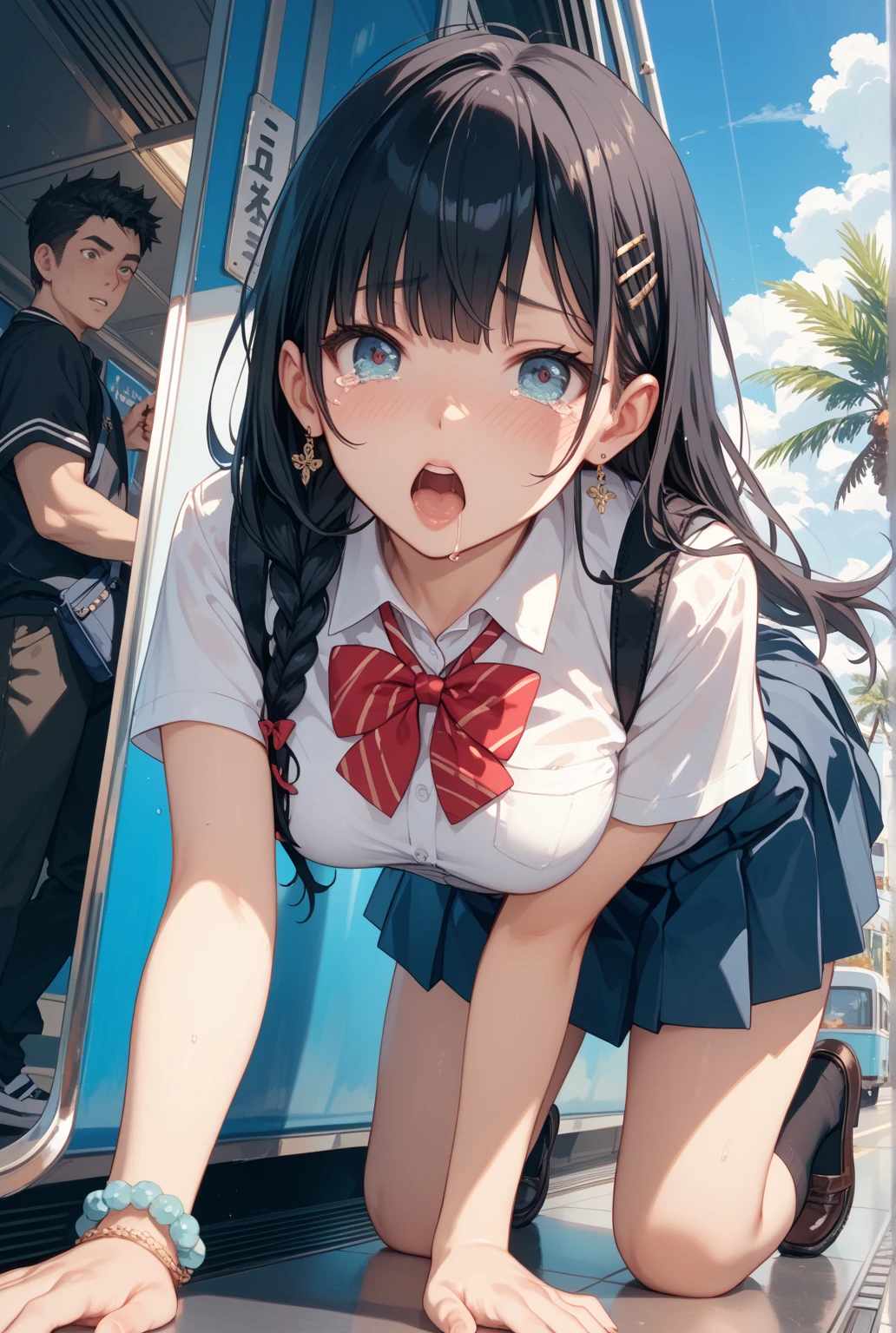 (masterpiece, best quality),nsfw,uncensored full body, from front,
BREAK trembling, (closed one eye:1.1), heavy breathing, steam, light frown, open mouth, motion lines,
BREAK 1girl,11yo, (loli:1.3),(beautiful brown eyes), (beautiful black hair), ((((short hair)))), ((bob hair)),(wet hair), (wet skin), (sweat), (steam),((small height)),(((petite:1.3))), (flat chests,small breasts),(((pubic black hair:1.2))),
BREAK ((((elementary school uniform), (white shirt, white sleeves, short sleeves:1.2), (navy sailor collar), (aqua neckerchief:1.2), sleeve lines, bare arms, (open clothes:1.3),(see-through:1.1), shirt lift, nipples,
BREAK (navy skirt), (white socks:1.2), loafers,
(voice of heart),(sound effects:1.1),
BREAK ,((Kamimei),(ecstasy), (1 Faceless boy, hetero:1.3), vaginal sex,cum shot:1.3,((sex,Cowgirl,pov))),(cum shot:1.3),(cum on body:1.9),(cum on face:1.9),((cum in hair:1.9),((multiple boys, peeing on a girl, multiple penises, gangbang, holding penis))),pleasure vaginal penis,cleavage of the breast,impatience,happy,(back ground school roof top),