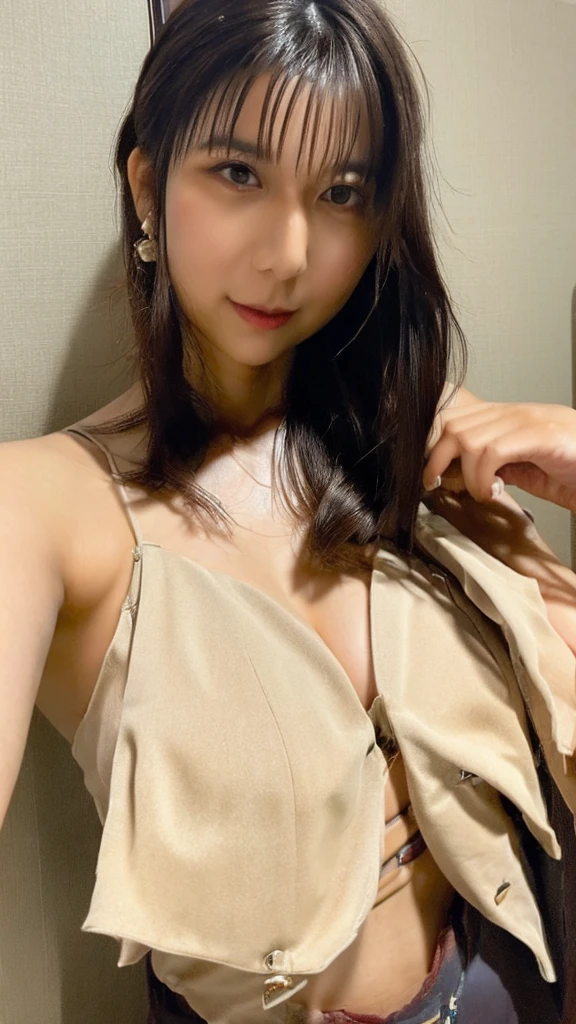 (masterpiece:1.3), (8k, Realistic, RAW Photos, Best image quality: 1.4), (Random Hairstyles:1.2)、(Highly detailed face)、Attention to detail、double eyelid、(Dark Eyes),(Sharp focus:1.2)、((whole body:1.7)),One Woman、Beautiful woman:1. 4,20-year-old woman、smile,Woman with a perfect body,Beautiful Abs,Chest-length hair、Highest quality、masterpiece、Ultra-high resolution、(Realistic:1.4)、super high quality、Symmetrical face、The face is very realistic、Photo level、8k最高画質はフル、Sebaceous reflex、The face is very realistic、Extremely realistic skin、Realistic light and shadow effects、(Pure and elegant girl),Professional Lighting、Inside the house,Swayback,Beautiful thighs,Sexy pose,((Underarm)),satin lingerie,Satin camisole,See-through camisole,Sit on the bed