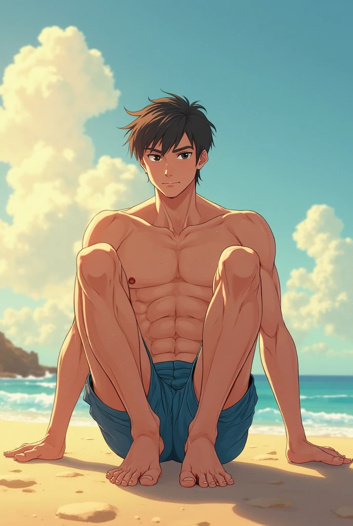 1boy, 1solo, ash ketchum, black hair, brown eyes, hair between eyes, ash ketchum, on beach, shirtless, male swimwear, wet hair, wet skin, sweat skin, handsome boy, macho, good looking boy, striking a pose