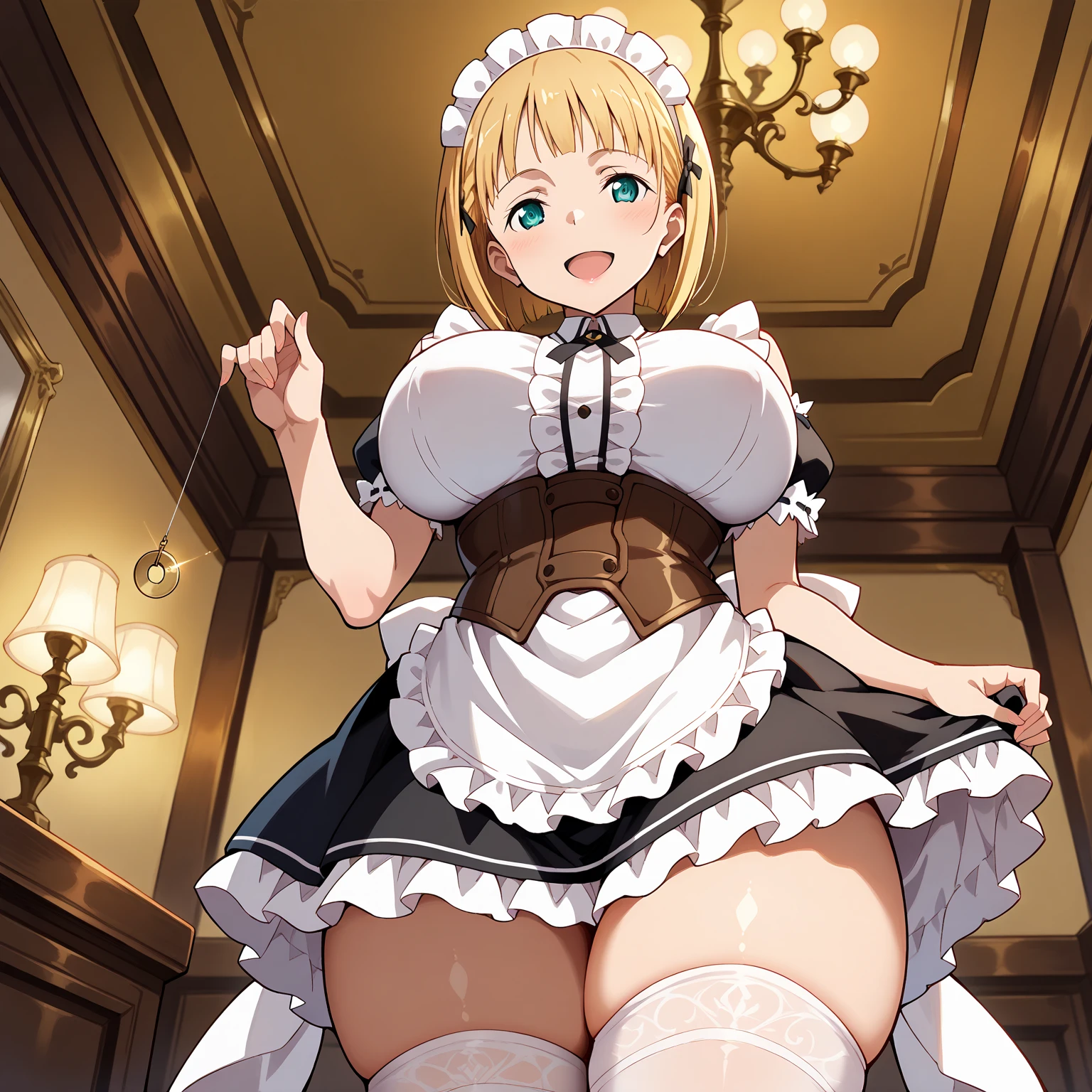 (full body image:1.5), (Princess Zelda, standing, One:1.2) ,(big breasts:1.5), (she is wearing a black maid outfit with a very short white skirt/very tight outfit on her body:1.3), (She's in the hotel room in front of the bed:1.3), She has (Blue eyes, dark green mohawk hair:1.2), (she smiles, I look at the viewer. exhibitionist pose:1.2), anime style, 16K, Best quality, high detail, Textured leather, uhd, masterpiece, anatomically correct