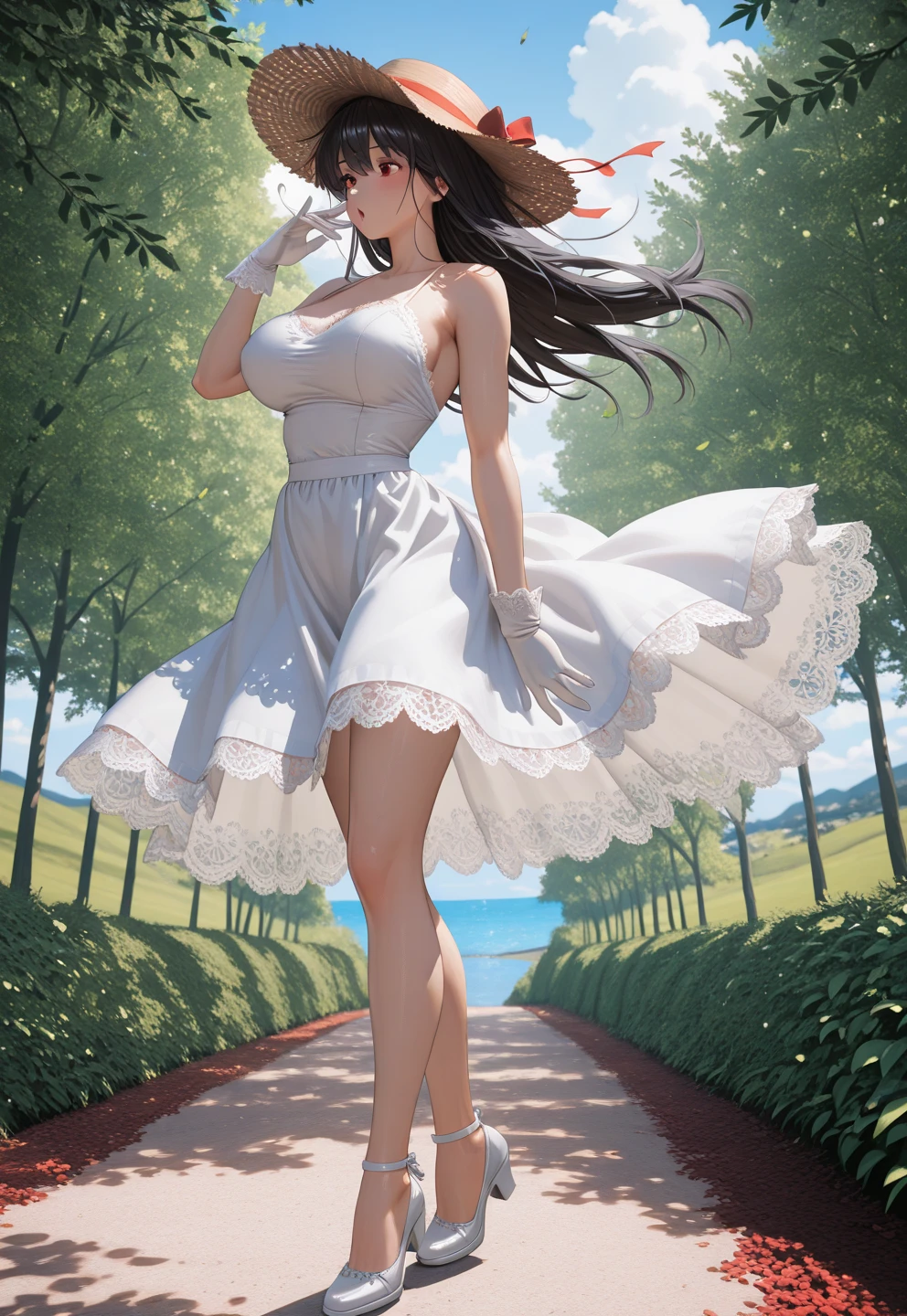 detailed eyes, detailed face,detailed hands, sidelighting, finely detailed beautiful gray eyes: 1.2), medium breast, realistic, glowing eyes,shiny hair,black hair,long long hair, lustrous skin, solo, embarassed,Strapless,exquisite,beautifly,garden,flowers,flying petals, bare legs, cherry blossom, cinematic light, cinematic composition, abundant expressions, full body
